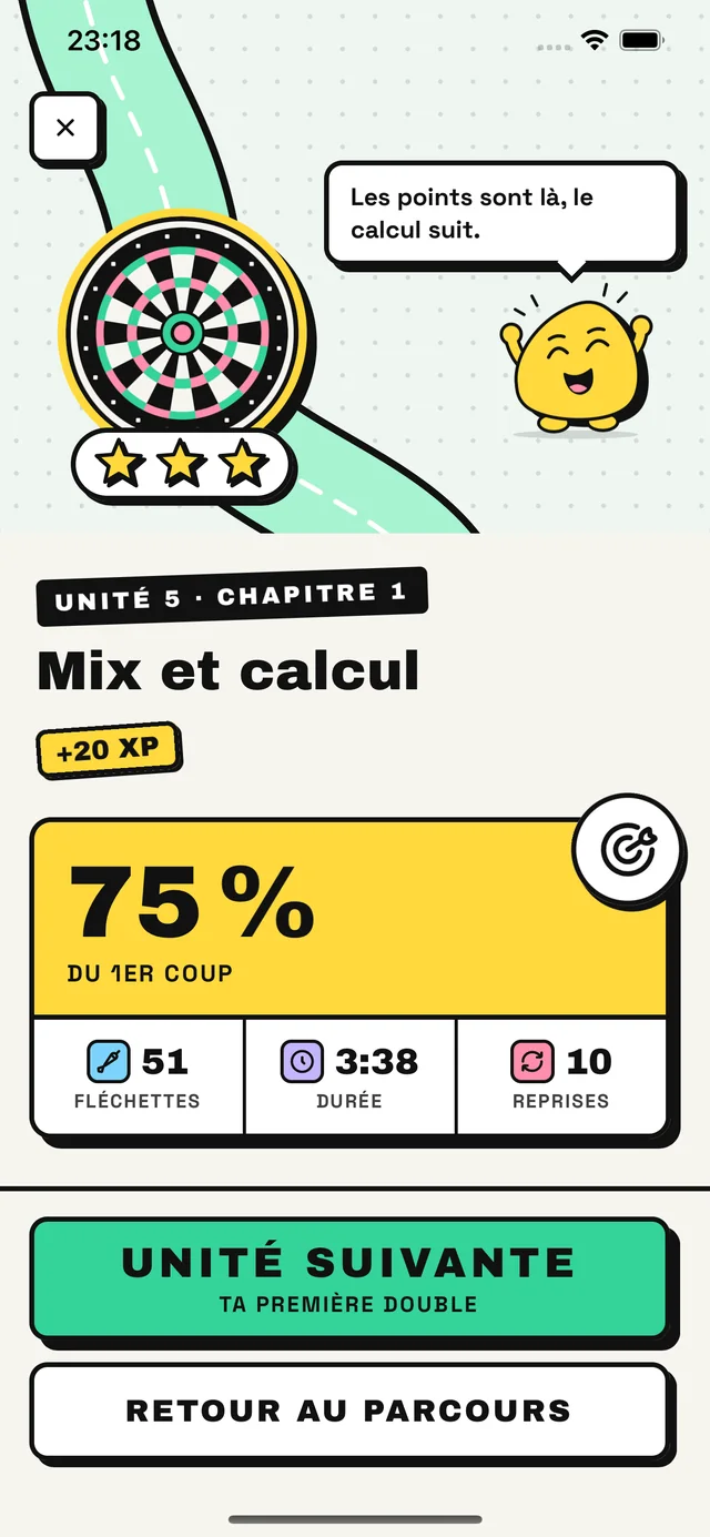 La fin d'une unité : trois étoiles, 75 % du premier coup, 51 fléchettes, 3 min 38